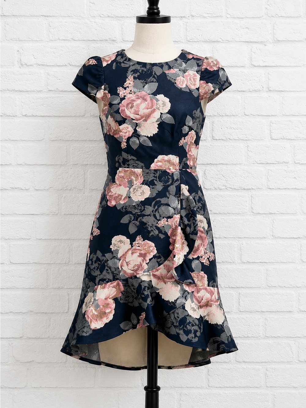 Eliza J Size 2 Navy Floral Jacquard Dress Peplum Hem Cap Sleeve Cocktail